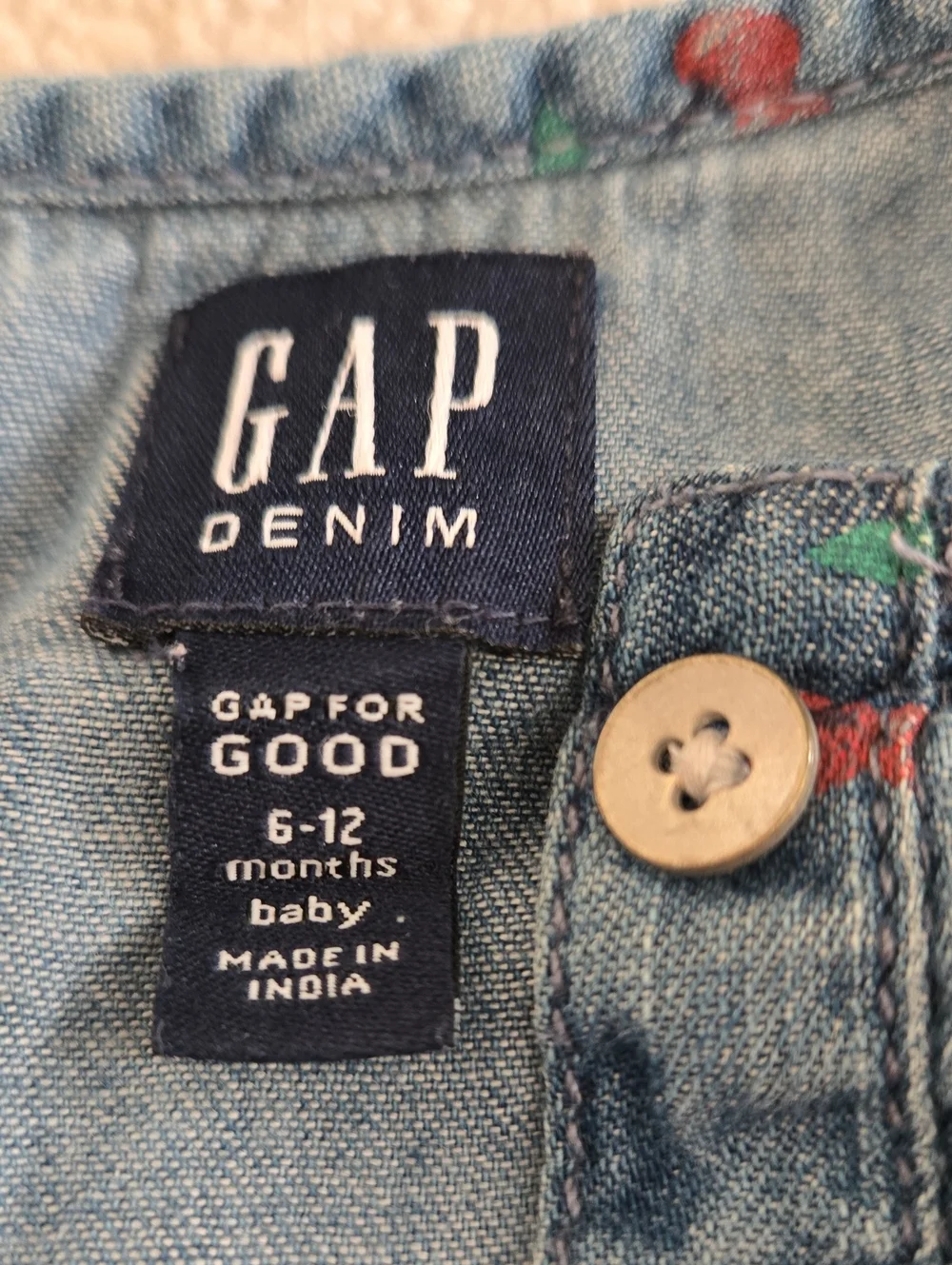 GAP Blue Denim Cherry Print Romper, Size 6-12M